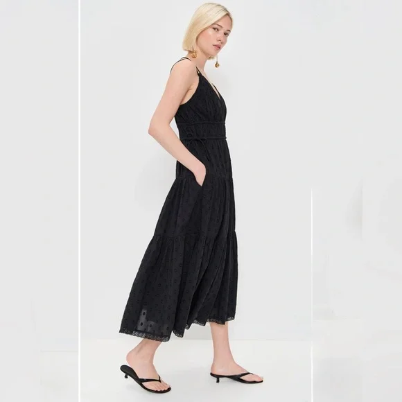 ULLA JOHNSONNew York Freya Black Midi Dress in black eyelet with lace size 0